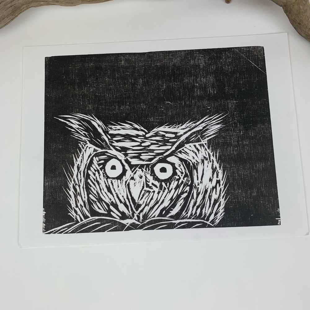 Owl wood block print
